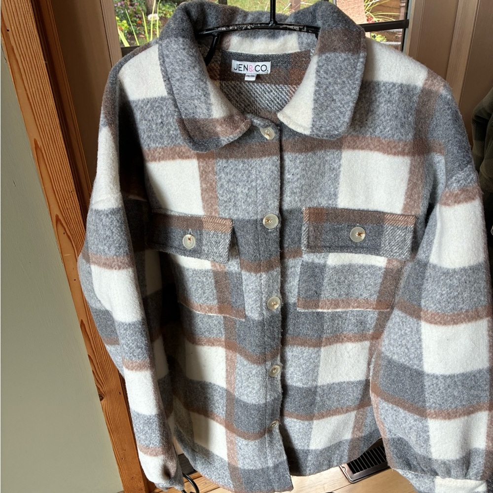 Jen & Co Women Plaid Wool Blend Shacket Grey Brown Oversize Shirt Jacket 2XL/3XL